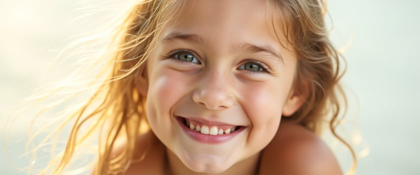 Adorable Little Girl Smiling Brightly with Sunlit Hair photo