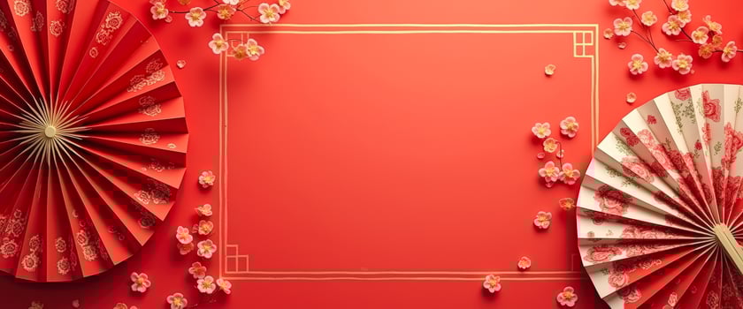 Red and Gold Chinese New Year Background with Fans and Flowers photo