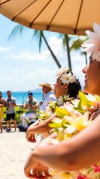 Two Women Adorned with Flowers Under a Beach Umbrella photo