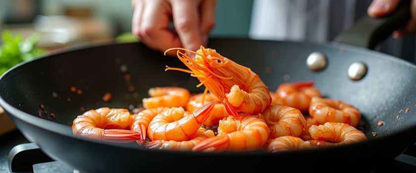 Close-up of cooked prawns in a black pan photo