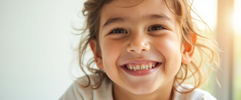Close-up portrait of a smiling little girl with blonde hair photo