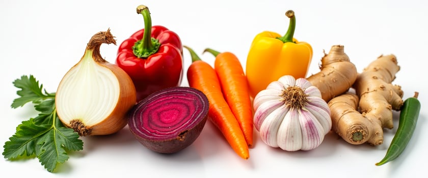 Fresh Vegetables and Root Vegetables on White Background photo