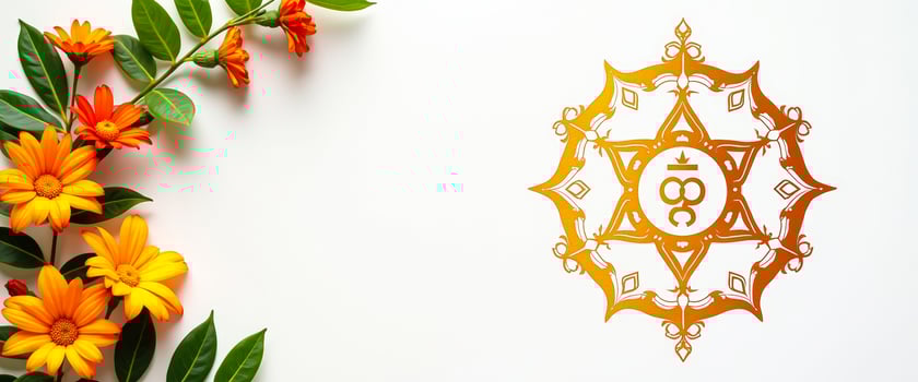 Orange Flowers and a Golden Mandala on White Background photo