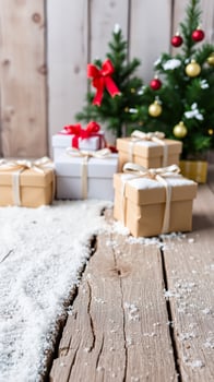 Christmas Gifts on Wooden Table with Snow photo