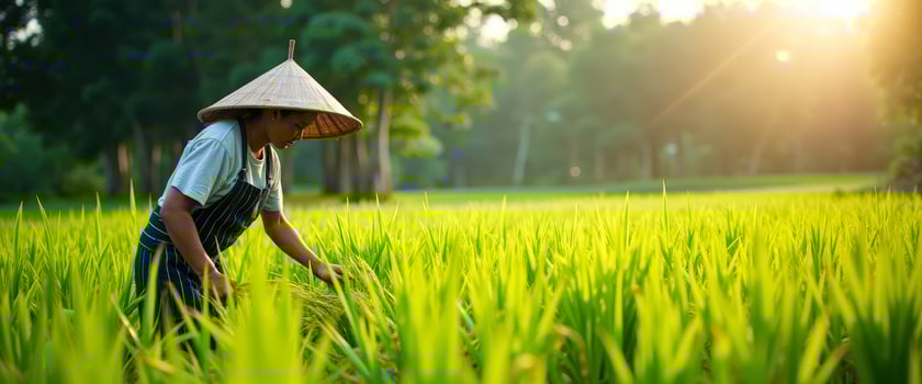Farmer Inspecting Rice Paddy in Golden Hour photo
