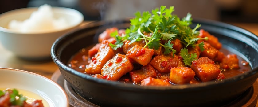Close-up of a Chinese Dish with Red Sauce and Cilantro photo