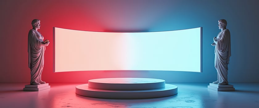 Futuristic Platform With Classical Statues Under Neon Light photo