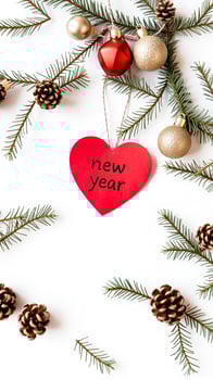 Festive New Year's Greeting With Pine Branches and Ornaments photo