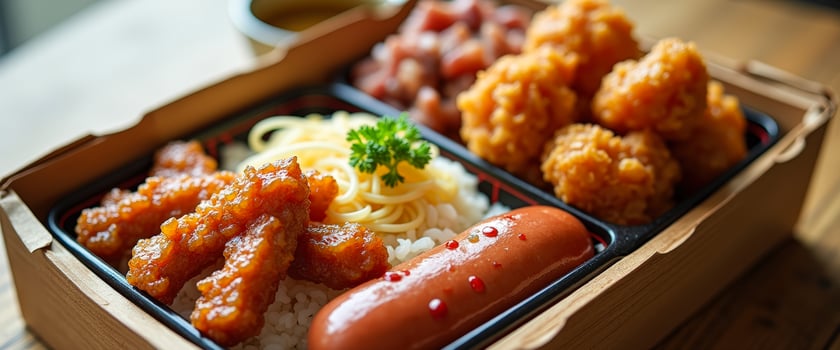 Delicious and Savory Lunch Box with Fried Chicken, Sausage and Rice photo