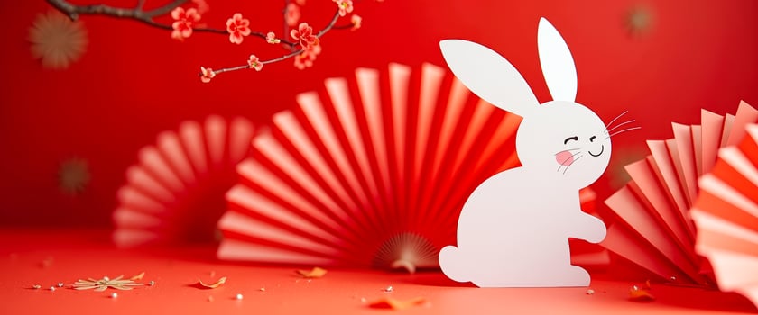 Cute White Bunny with Red Chinese Fans photo