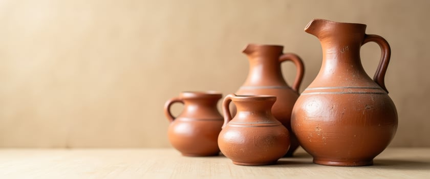 Rustic Clay Jugs on Wooden Table photo