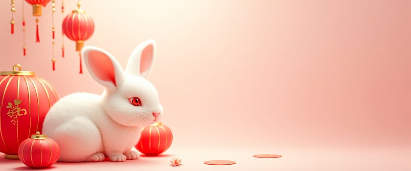 Cute White Rabbit with Red Lanterns for Chinese New Year photo