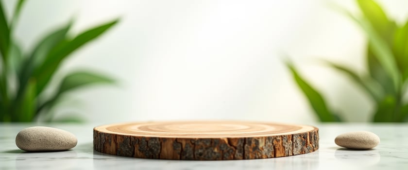 Wooden Slice Podium on Marble Surface with Green Plants Blurred Background photo