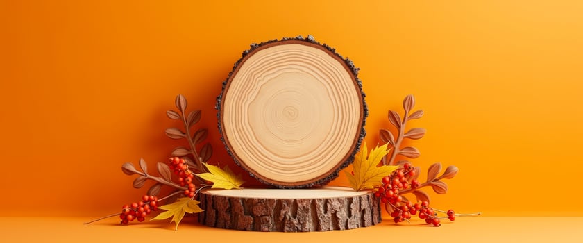 Wooden Tree Stump With Autumn Leaves and Berries On A Yellow Background photo