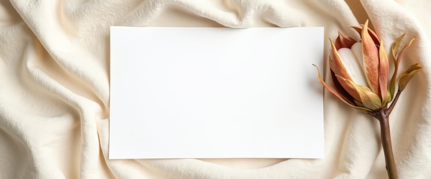 Blank Card Mockup with Dried Flower on Beige Fabric Background photo