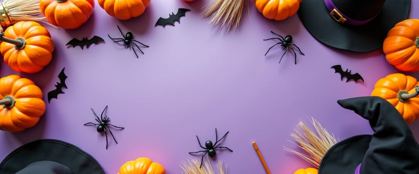 Halloween Background with Pumpkins, Bats, Spiders, and Witch Hats photo