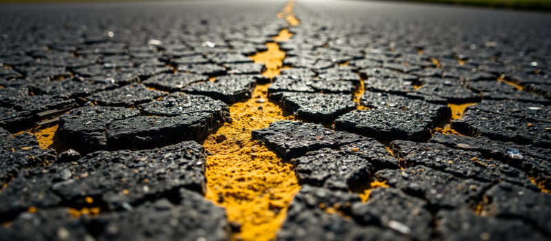Close Up of Yellow Lane Marking on Cracked Asphalt Road photo