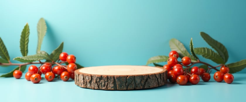 Wooden Slice with Red Berries on a Blue Background photo
