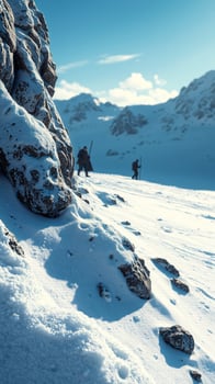 Winter Mountain Landscape with Silhouettes of Hikers photo