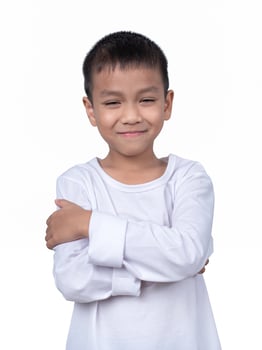 Portrait of asian boy wearing a white shirt posing showing happiness isolated on white background. photo