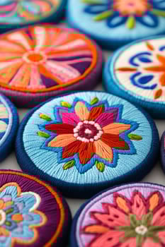 A collection of colorful embroidered patches featuring intricate floral designs photo
