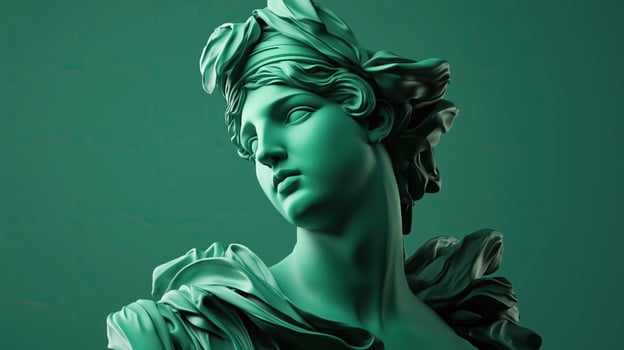 A stylized green sculpture resembling a classical figure photo