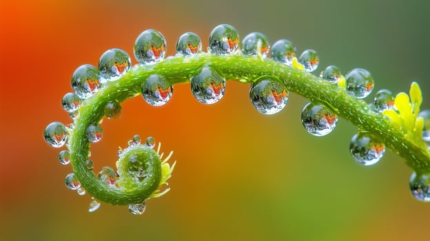 Closeup fern spiral with water dew drops on portrait green blurred bacground photo