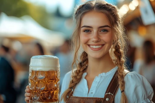 A beautiful young woman in a traditional Bavarian dress with two beer mugs at the Oktoberfest festival. photo
