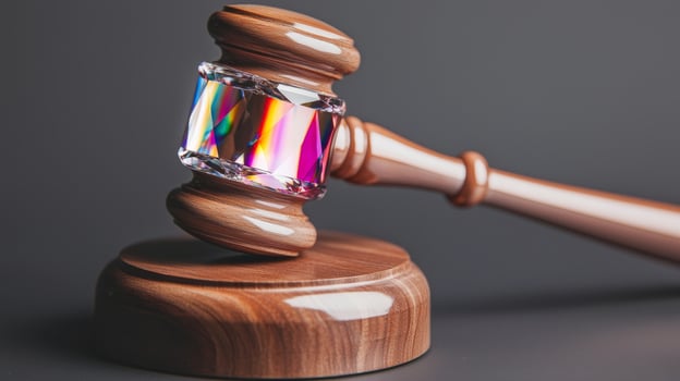 A wooden gavel with a colorful crystal head on a gray background, symbolizing justice and legal authority. photo