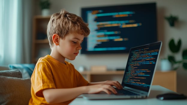 Young boy coding on a laptop at home, focused expression, modern workspace, coding screen in the background. photo