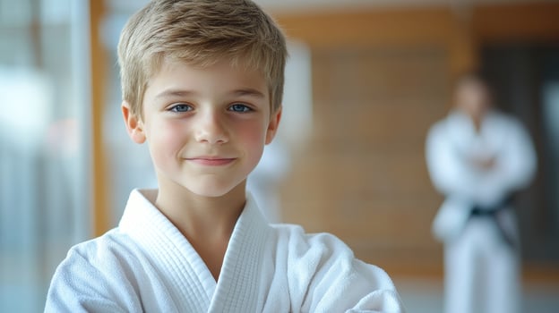 Young boy in karate uniform, martial arts training, sport for kids photo
