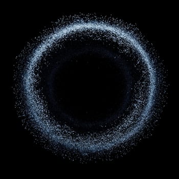 A mesmerizing arrangement of glowing silver particles forms a dreamlike nebula against the darkness, radiating an ethereal beauty and cosmic wonder in the void. photo