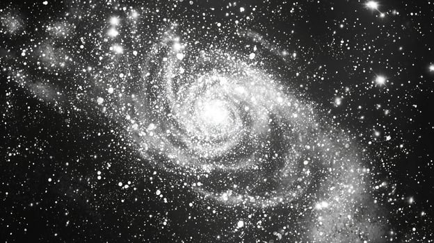 Silver particles scatter across a dark landscape, forming a swirling spiral that glimmers with metallic hues, inviting viewers into a cosmic journey through space. photo