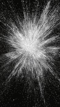 A mesmerizing arrangement of silver particles spirals outward in a vortex, radiating a metallic shimmer against a dark background, evoking a stunning cosmic energy burst. photo