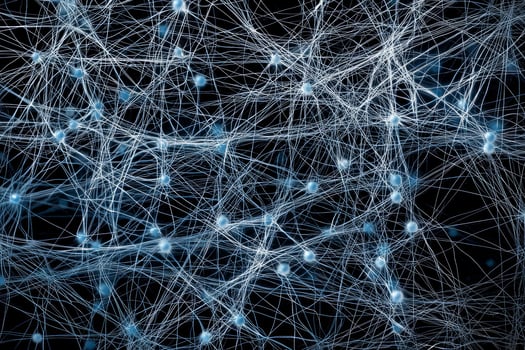 Tiny blue dots scatter against a deep black background, interconnected by delicate glowing lines that evoke the mystery of the cosmos, creating a captivating minimalist artwork. photo