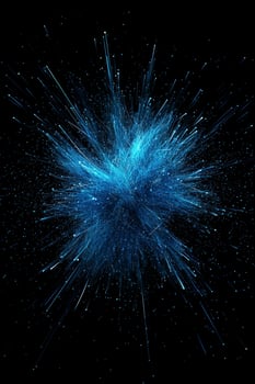 An energetic explosion of blue particles unfolds dramatically, scattering and glowing as they expand outward against a black background, resembling cosmic forces at play. photo