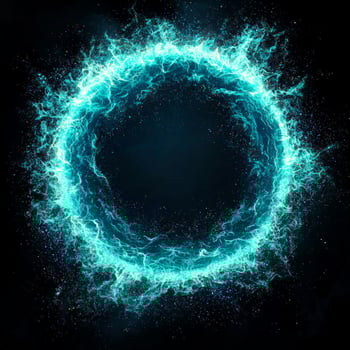 In a celestial display, vibrant blue particles swirl together, forming a dreamlike nebula enhanced by glowing edges on a deep black canvas, evoking a sense of wonder. photo