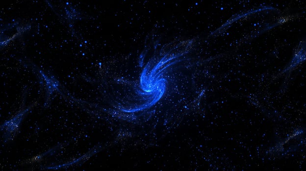 Particles of varying sizes and brightness create a captivating spiral pattern, glowing softly in blue hues against a deep black background, evoking a cosmic wonder. photo
