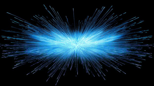 An enchanting display unfolds as vibrant blue particles explode outward, creating a mesmerizing cosmic effect against a stark black background photo