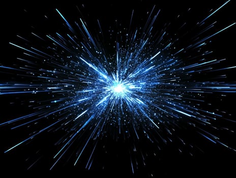 A vivid burst of blue particles and dots radiates outward, creating a stunning visual effect. The striking contrast emphasizes the movement, energy, and explosive nature of the design. photo