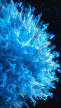 A mesmerizing blue particle explosion unfolds, with glowing, ethereal particles radiating outward, creating a captivating wave of shimmering light in a cosmic setting. photo