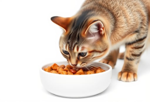 Tabby Cat Eating Dry Cat Food from a White Bowl photo