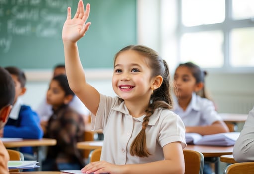 Smiling School Girl Raising Her Hand in Class photo