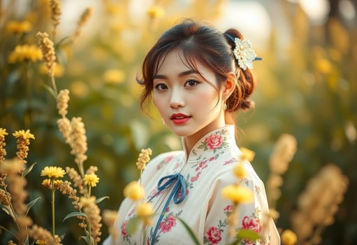 A Woman in a Floral Dress Posing in a Field of Yellow Flowers photo