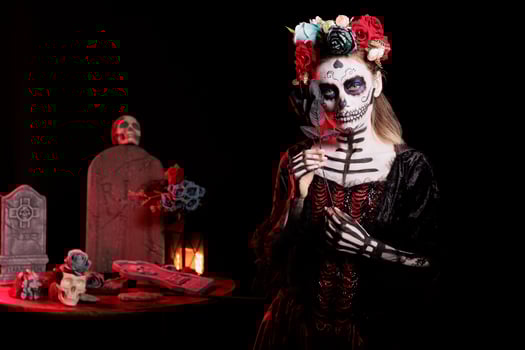 Portrait of woman holding black rose set against dark background grave site celebrating Dia de los Muertos. Eerie lady with flower surrounded by creepy funeral items during Halloween horror event photo