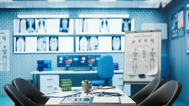 Empty office in a private clinic designed with x ray machine and modern gear used in healthcare industry, medical facility helping with treatment plans on insurance. Disease prevention and therapy. photo