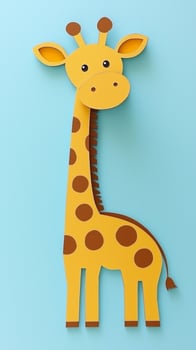 tall giraffe crafted from vibrant yellow and brown paper stands gracefully against a sky-blue backdrop, capturing a playful safari theme in a minimalist design. photo