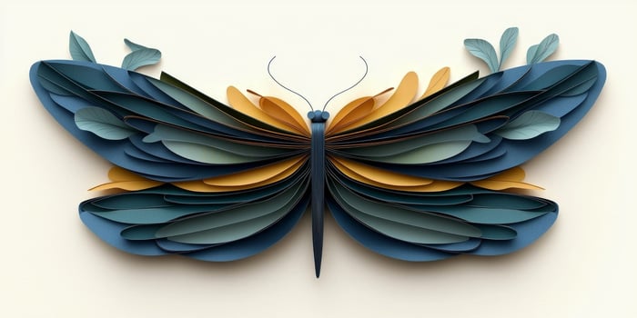 exquisite dragonfly features intricately layered wings of blue, green, and gold, radiating charm and delicacy. The soft light enhances the beautiful paper art against an elegant white backdrop. photo