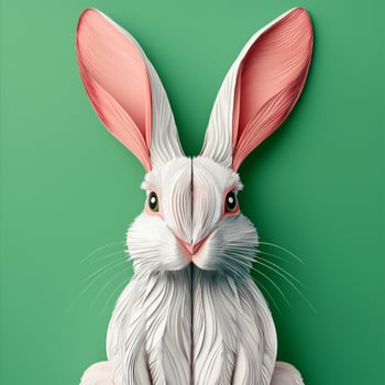 charming rabbit sits upright with its ears perked, showcasing intricate white and pink layers that resemble soft fur against a plain green backdrop, evoking a delightful spring ambiance. photo