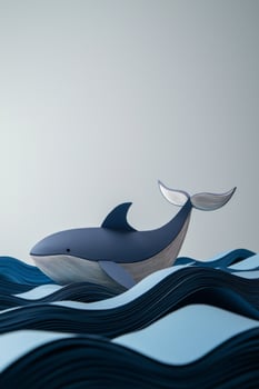 beautifully crafted whale made of grey and blue paper glides through vibrant, wavy layers of blue paper, embodying the essence of the ocean under midday light. photo